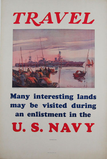 Travel many interesting lands may be visited during an enlistment in the U.S. Navy. Original American ww2 vintage poster from 1935 U.S.A. by artist Arthur Beaumont. Large warship on a white background.