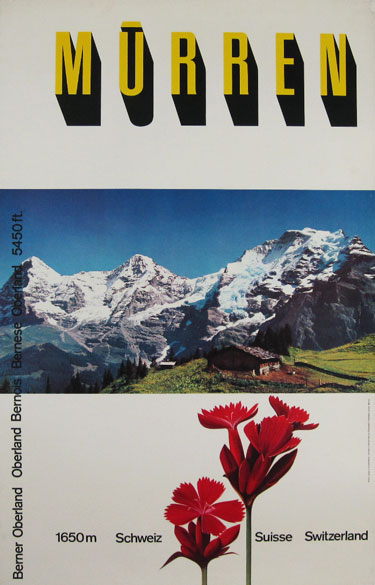 Murren original advertisement lithography antique poster by Gyger Klopfenstein Studio from 1965 Switzerland.