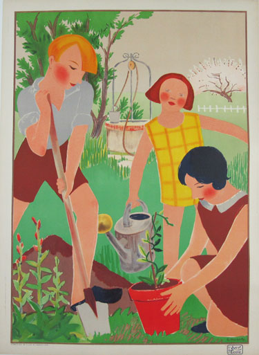L Art L Ecole original advertisement lithography vintage poster by Rochette from 1931 France. Shows a children planting a plant. One of them holding a watering can, second holding a plant in a red pot and boy digs a hole in the ground.