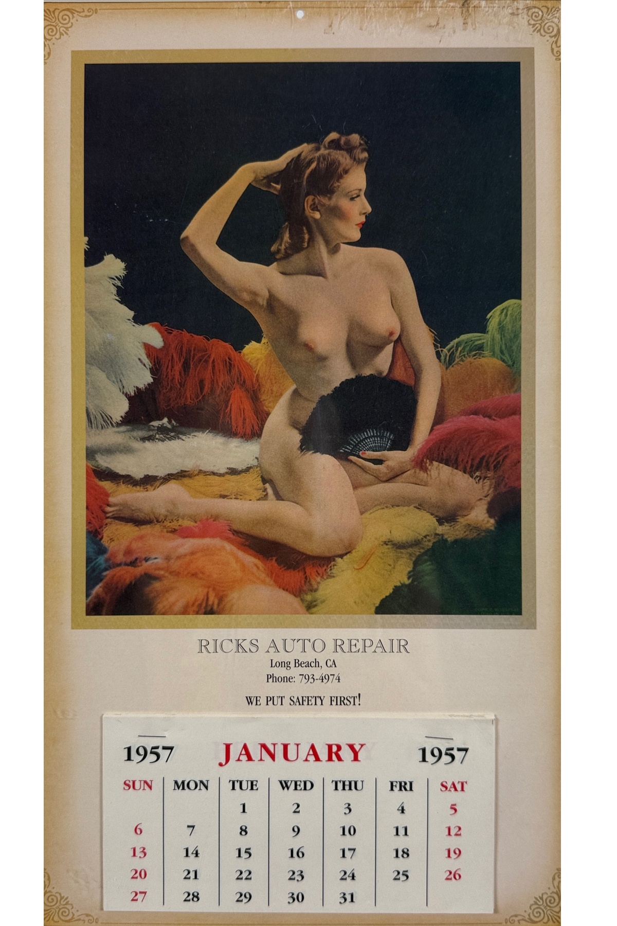 Ricks Auto Repair Pin Up Calendar Original 1967 Vintage American Car Repair Offset Lithograph Advetisement On Carton.