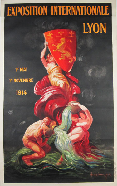 Exposition Internationale Lyon original advertising lithograph vintage poster by Leonetto Cappiello from 1914 France.