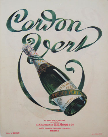 Cordon Vert les champagnes G.H. Mumm & Co. original advertising lithograph vintage poster by Virtel from France. Shows a bottle of champagne.