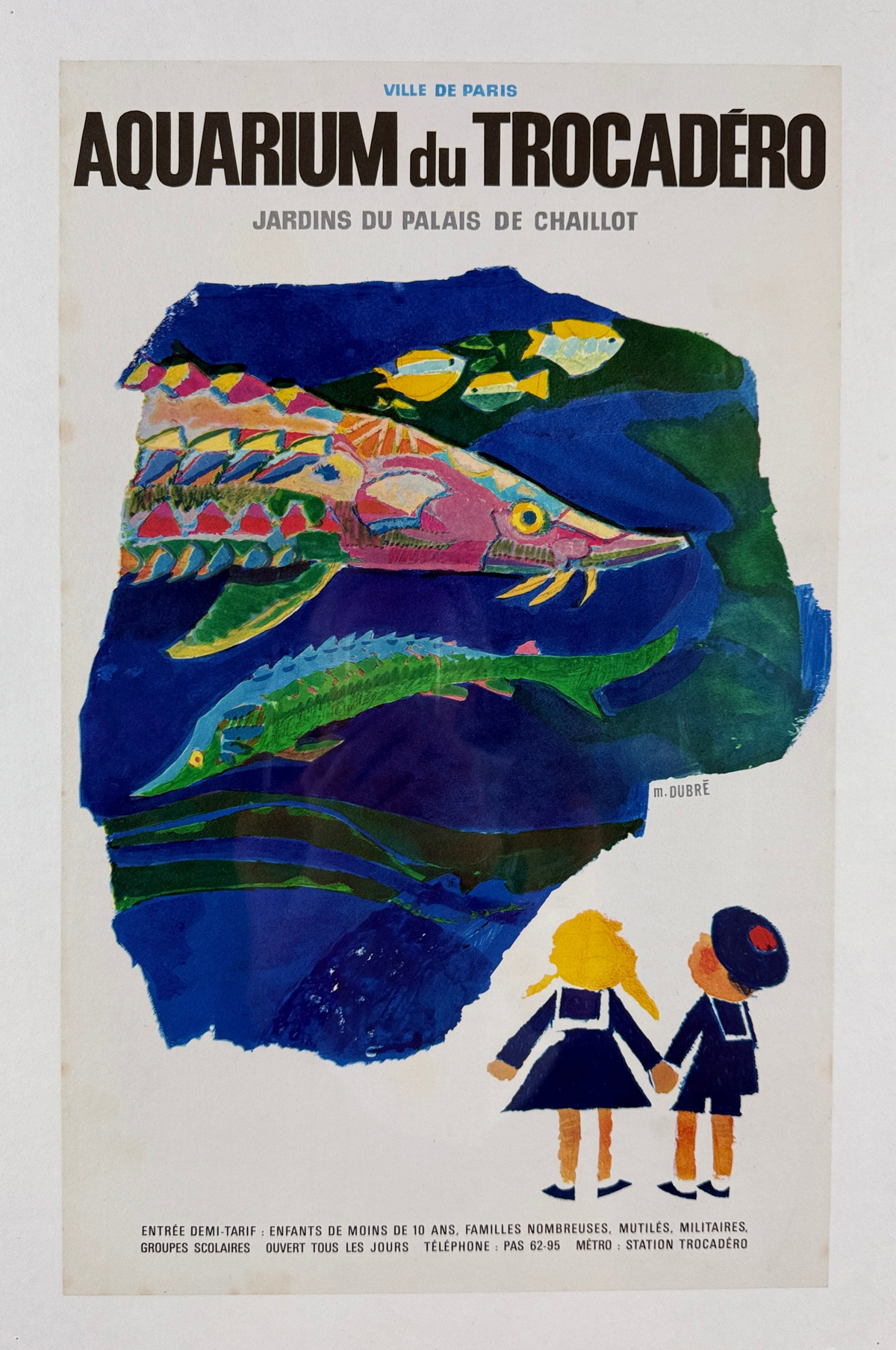 Aquarium Du Trocadero Gardens of the Palais de Chaillot Poster By M. Dubre Original 1960 Vintage French Travel Advertisement Linen Backed.