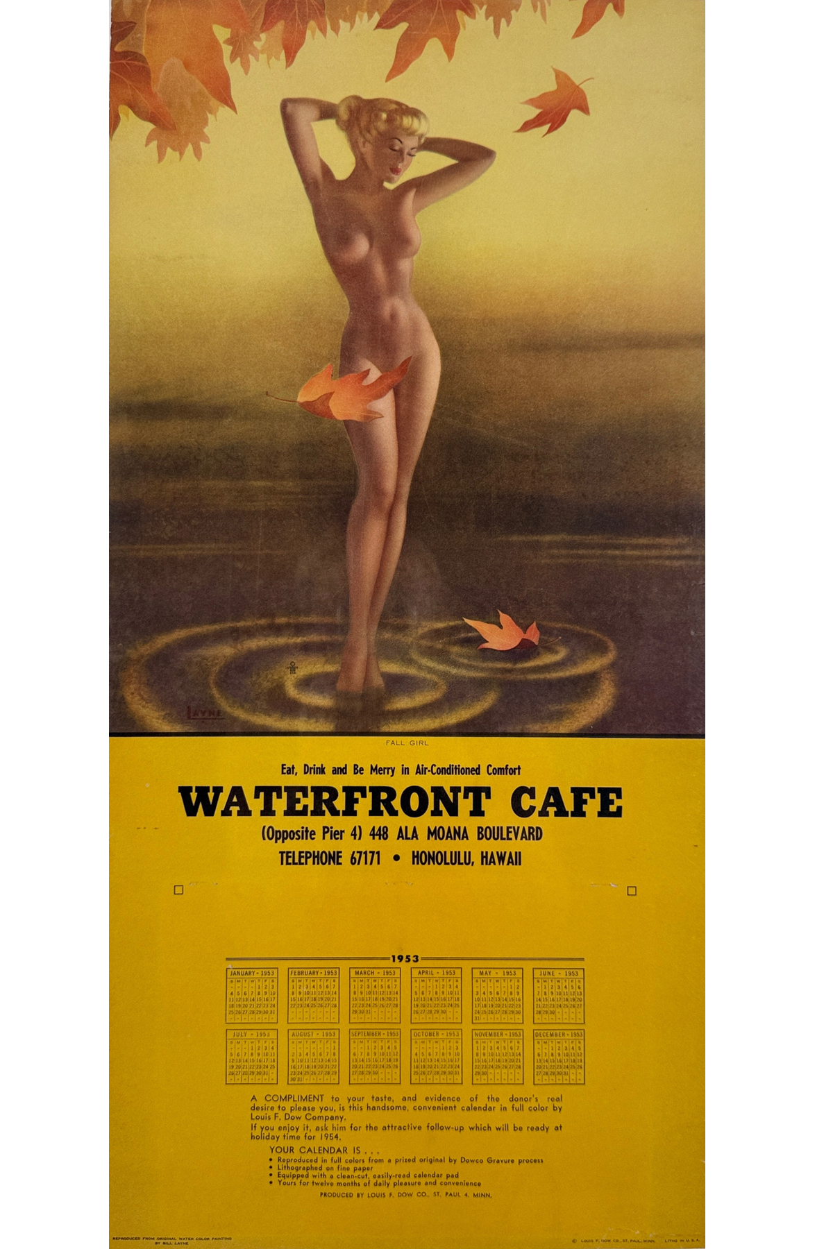 Fall Girl Pin Up Calendar By Bill Layne Original 1953 Vintage USA Cafe Lithograph Advertisement Linen Backed.