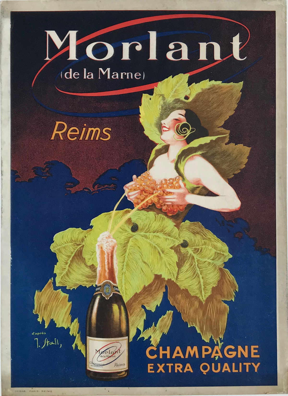 Morlant Champagne by J. Stall Original 1920 Vintage French Wine Company Advertisement Lithograph Poster Linen Backed. Wine and spirits poster of a women dressed in leaves with a grape bra which she is squeezing champagne from into a bottle.