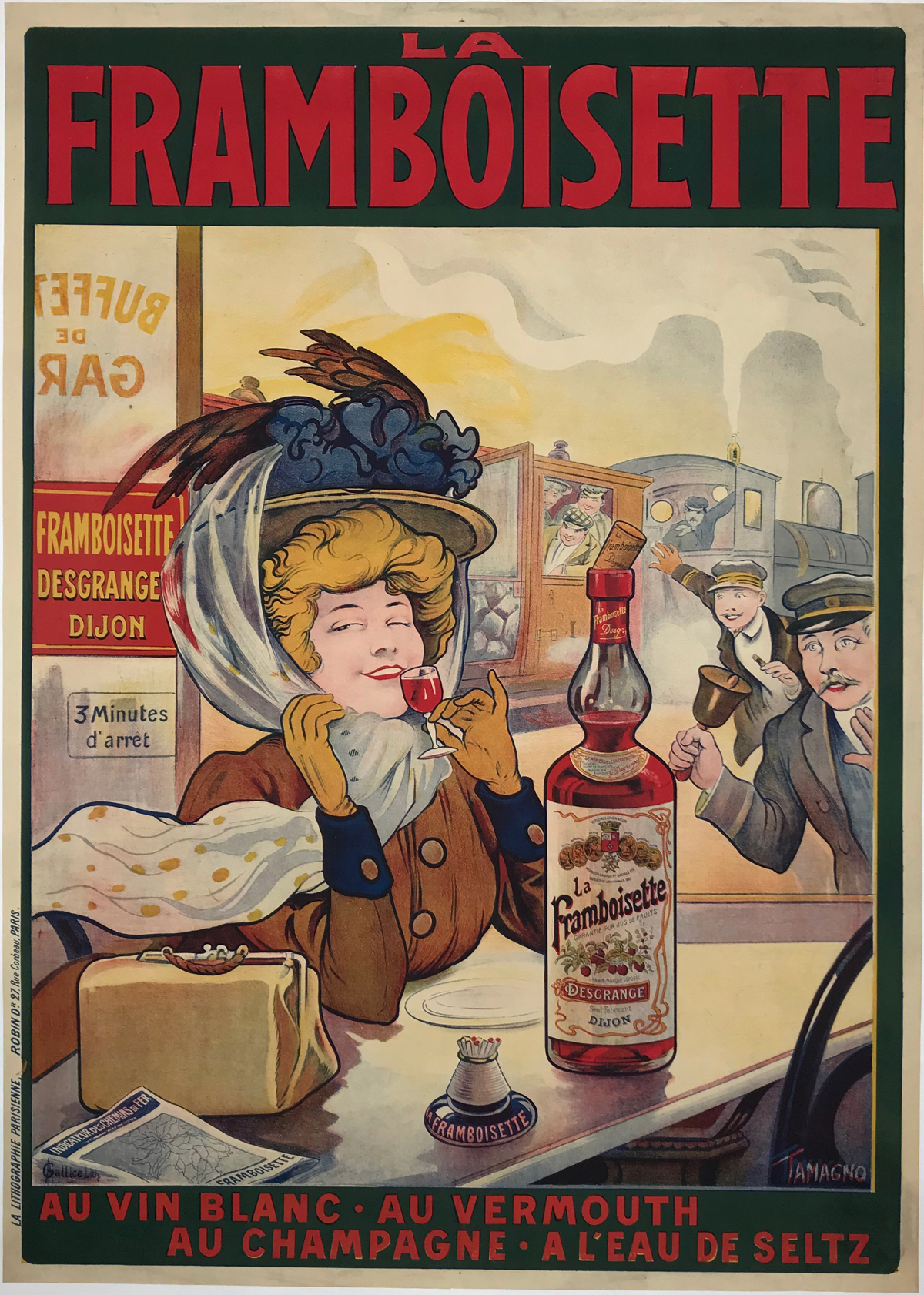 La Framboisette Poster By Tamagno Original 1905 Vintage French Wine Company Stone Lithograph Advertisement Linen Backed.