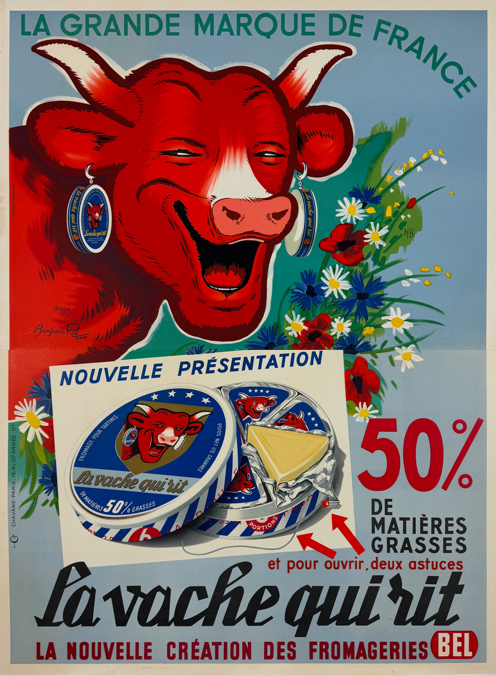 La Vache Qui Rit Fromageries Poster by Benjamin Rabier Original 1950 Vintage French Cheese Company Advertisement Linen Backed.