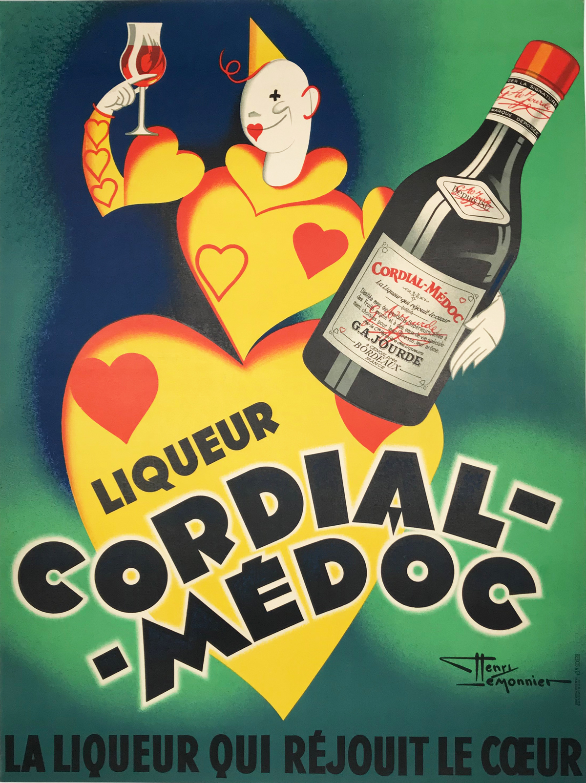 Cordial Medoc - The liquor with heart.. Original 1938 Vintage Lithograph French Poster by H. LeMonnier. Shows a clown with hearts holding a glass and bottle of liqueur. Made to advertise a liqueur which rejoices the heart.