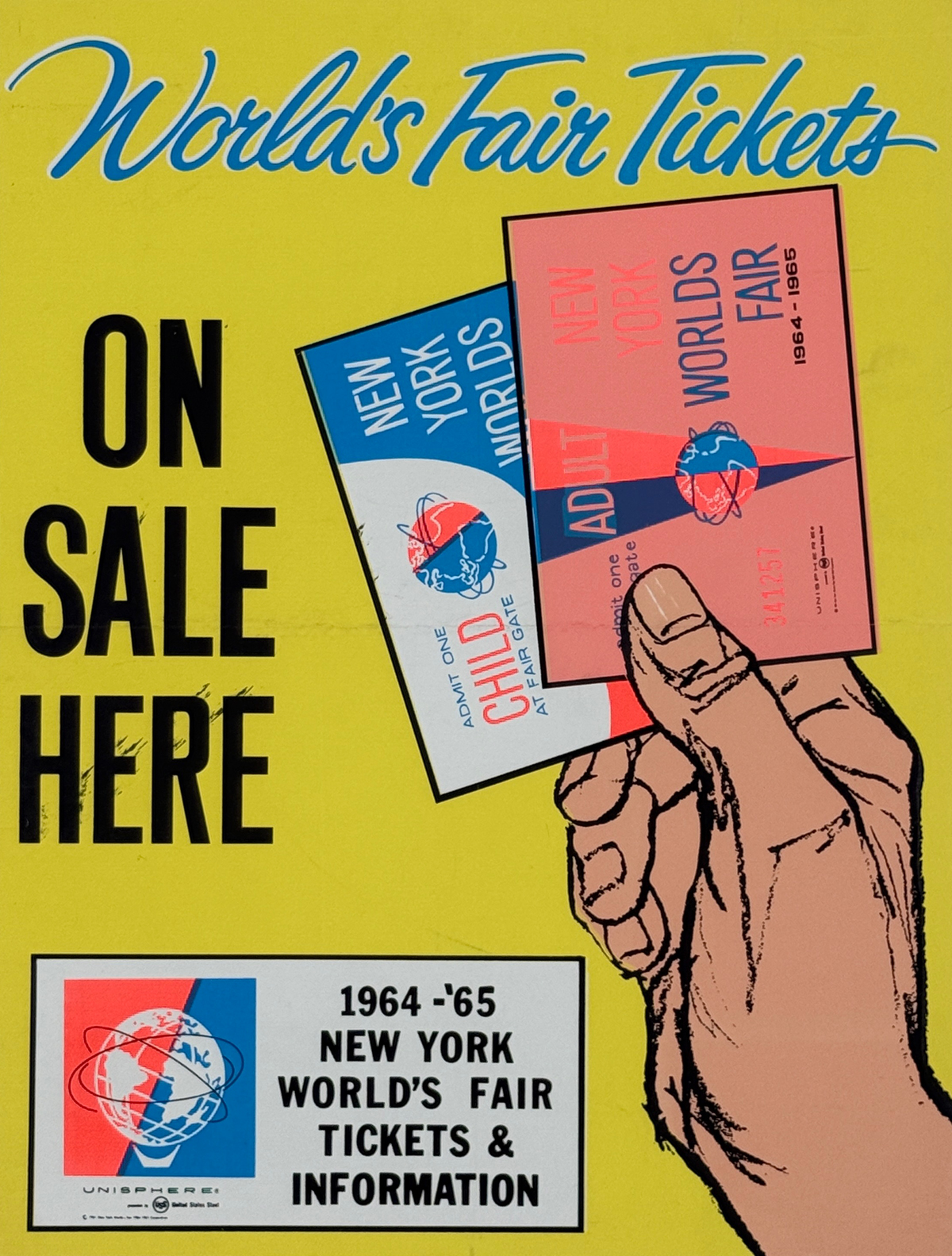 New York World's Fair Tickets On Sale Here Poster Original 1964 Vintage American Exposition Advertisement Linen Backed.