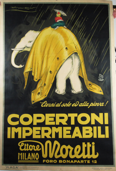 Copertoni Impermeabili Moretti original vintage Italian poster advertising raincoat company. Mauzan poster from 1921 Italy.