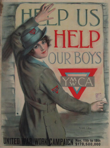 Help Us Help Our Boys original vintage poster by Haskell Coffin from 1918 USA. World War I poster features a woman in a YMCA uniform smiles at the painter while hanging a poster on a wooden wall.