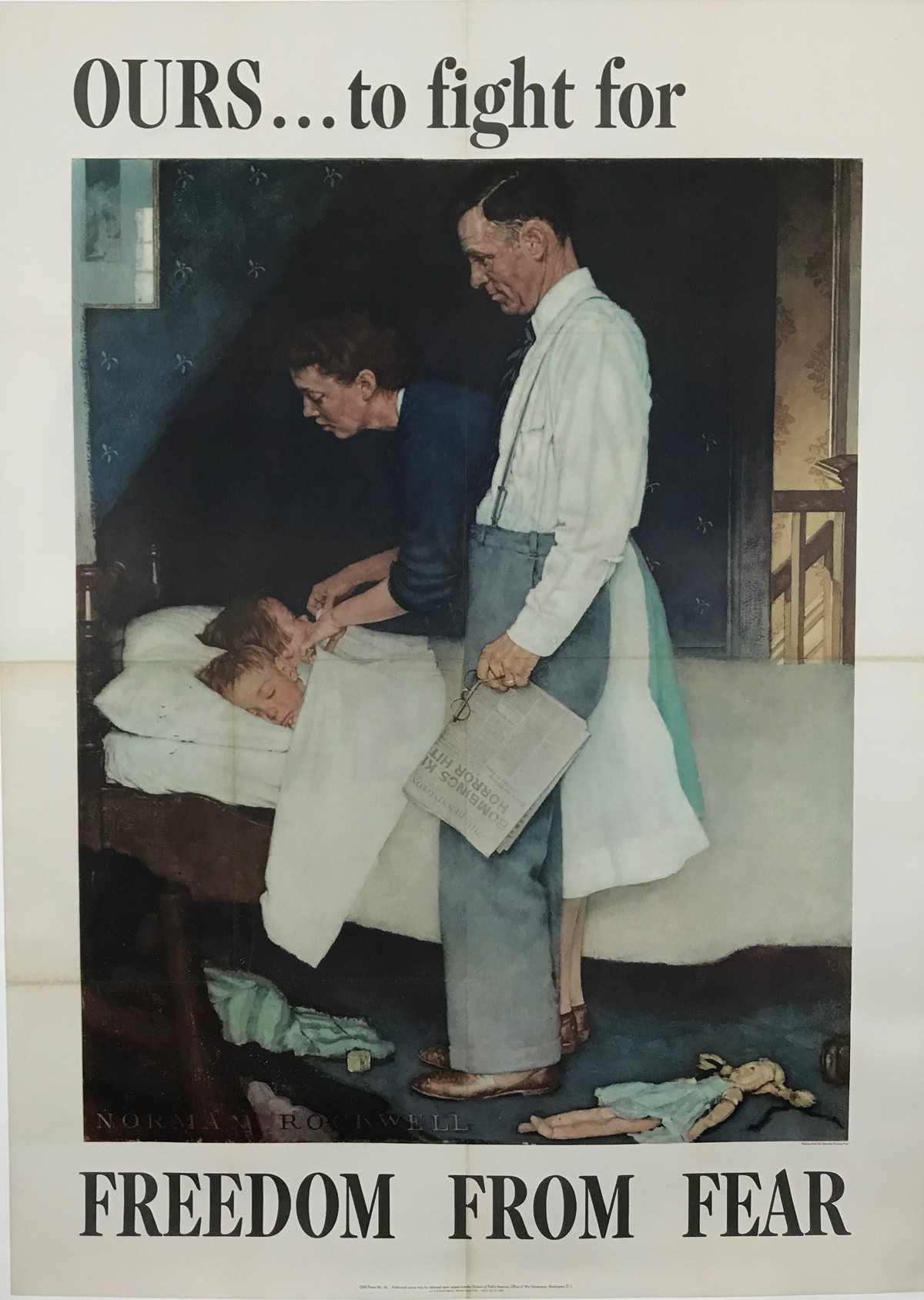 Freedom from Fear by Norman Rockwell Original 1942 Vintage American Propaganda Poster Linen Backed. Shows  two kids in bed and parents standing over them.