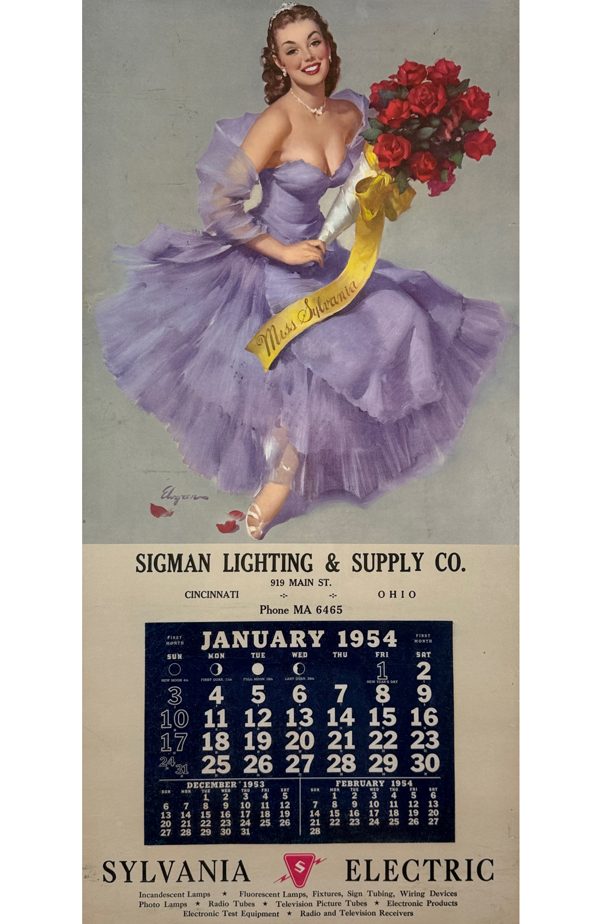 Sylvania Electric Company Pinup Calendar By Gil Elvgren Original 1954 Vintage American Electric Lithograph Advertisement Linen Backed.