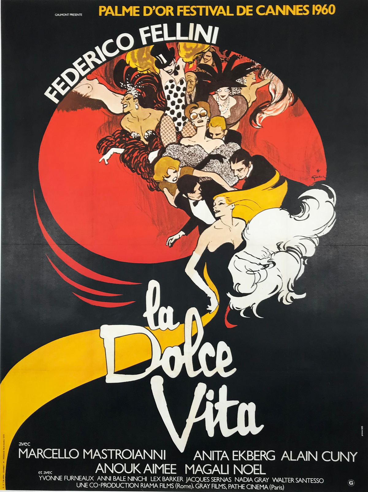 La Dolce Vita original advertising lithography vintage theater and exhibition poster by Rene Gruau from 1960 France.