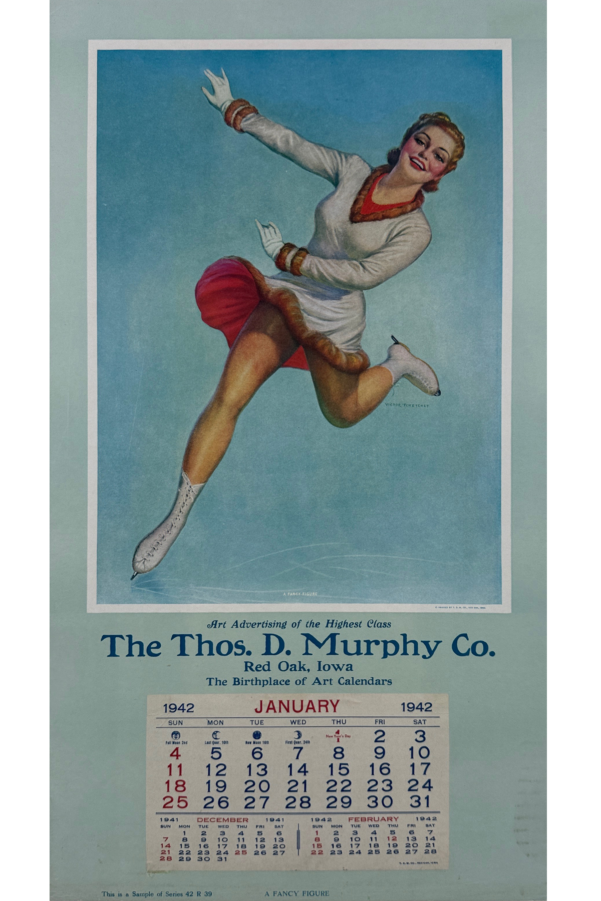 A Fancy Figure Pin Up Calendar By Victor Tchetchet Original 1942 Vintage USA Printing House Lithograph Advertisement Linen Backed.