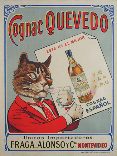 Cognac Quevedo signed 1927 France - Beautiful Vintage Poster. This wine & spirits poster features a cat dressed in a red suit jacket and tie punching his fist through a poster of a liquor bottle. Original Antique Posters.