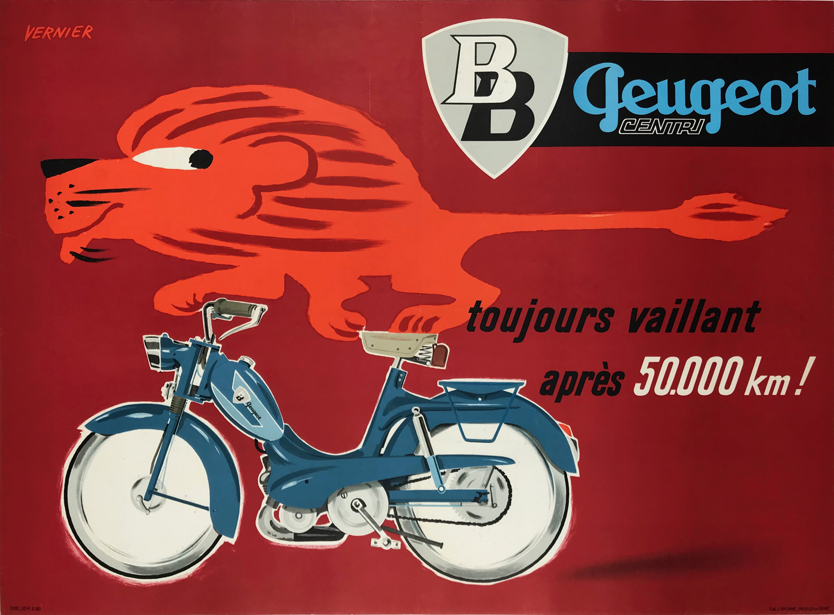 BB Peugeot Centri Toujours Vaillant by Vernier Original 1960 Vintage French Scooter Advertisement Plate Lithograph Linen Backed 