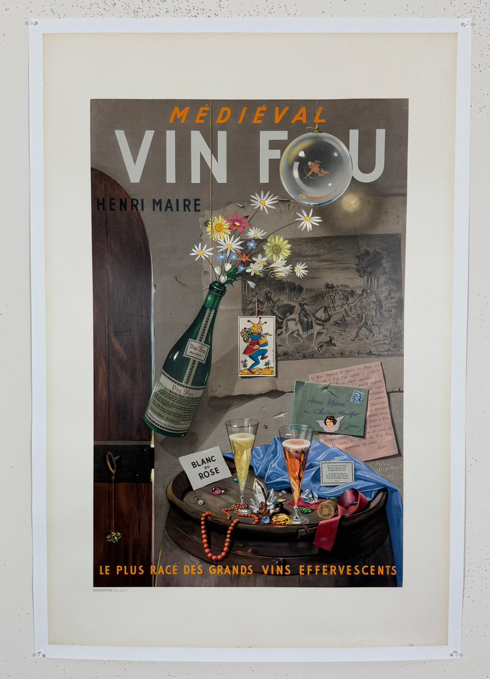 Vin Fou Henri Maire Poster by Paul Grimault Original 1955 Vintage French Winery Offset Lithograph Advertisement Linen Backed.