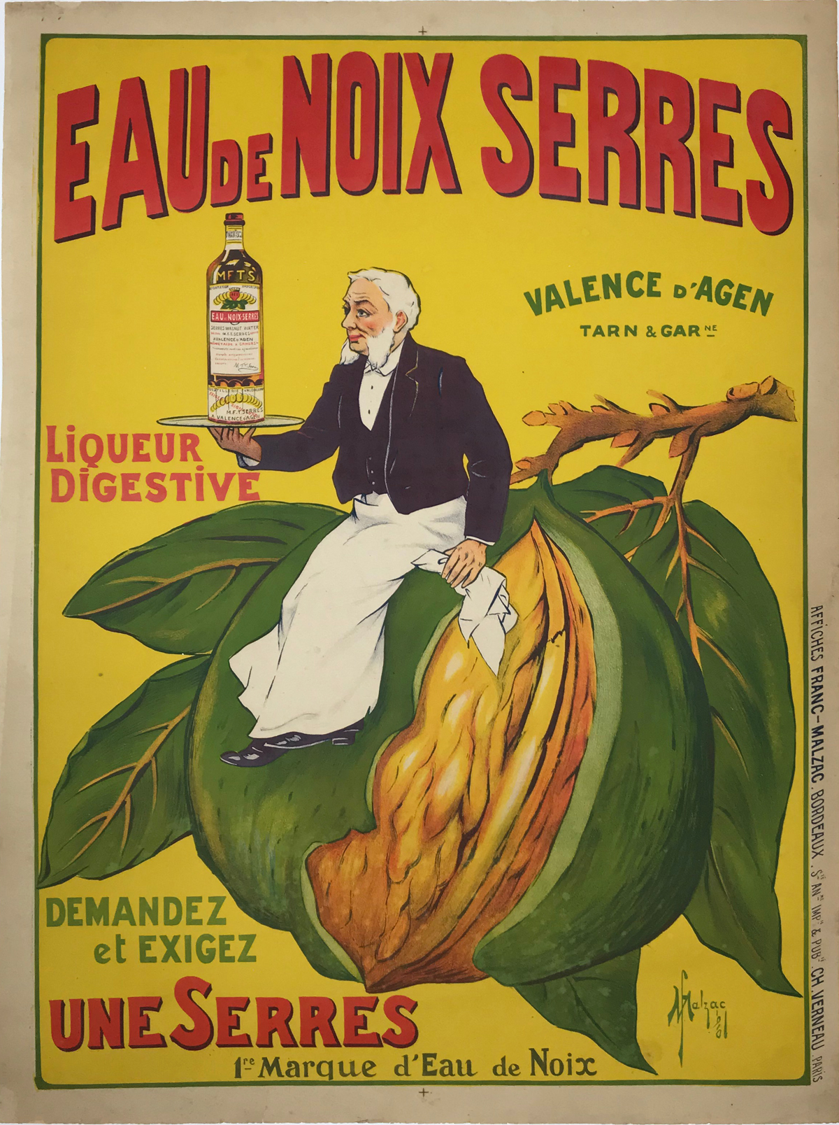 Eau De Noix Serres Liqueur Digestive by Franc Malzac 1910 France - Beautiful Vintage Poster. French wine & spirit poster features a waiter sitting on a giant fruit on a branch while holding a tray with a bottle. Original Antique Posters.