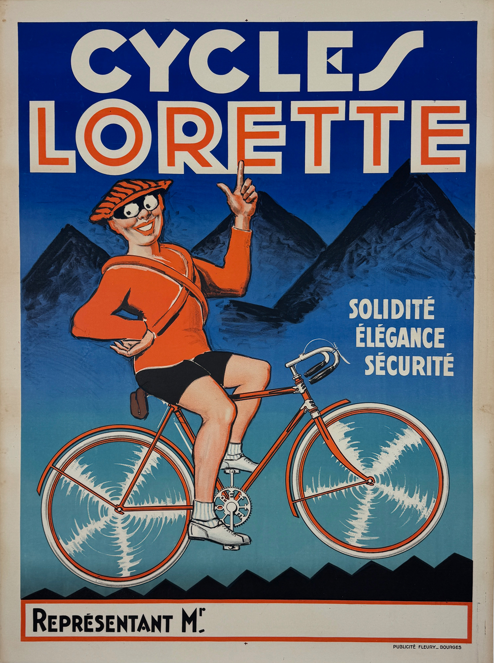 Cycles Lorette Poster by Imprimerie Fleury Bourge Original 1920 Vintage French Bicycle Company Stone Lithograph Advertisement Linen Backed.