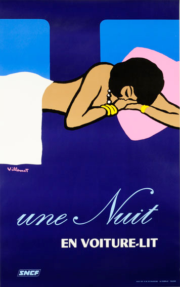 Une Nuit En Voitutre Lit Original 1973 French Travel Advertisement Poster by Bernard Villemot Linen Backed. Woman in a sleeping car on a train laying on a pink pillow.