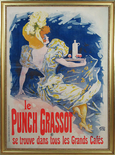 Le Punch Grassot by Cheret 1896 France  - Authentic Vintage Poster Original. This antique poster shows a lady in a fancy dress and hat serving drinks.