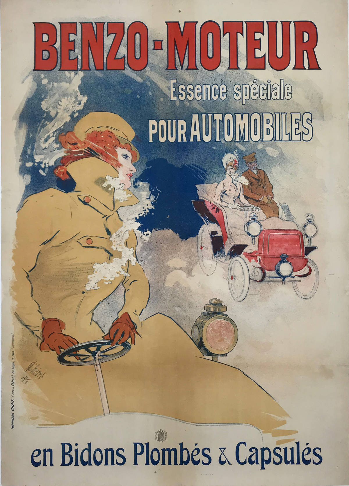 Benzo Moteur Poster by Jules Cheret Original 1900 French Antique Stone Lithograph Advertsiement Linen Backed.