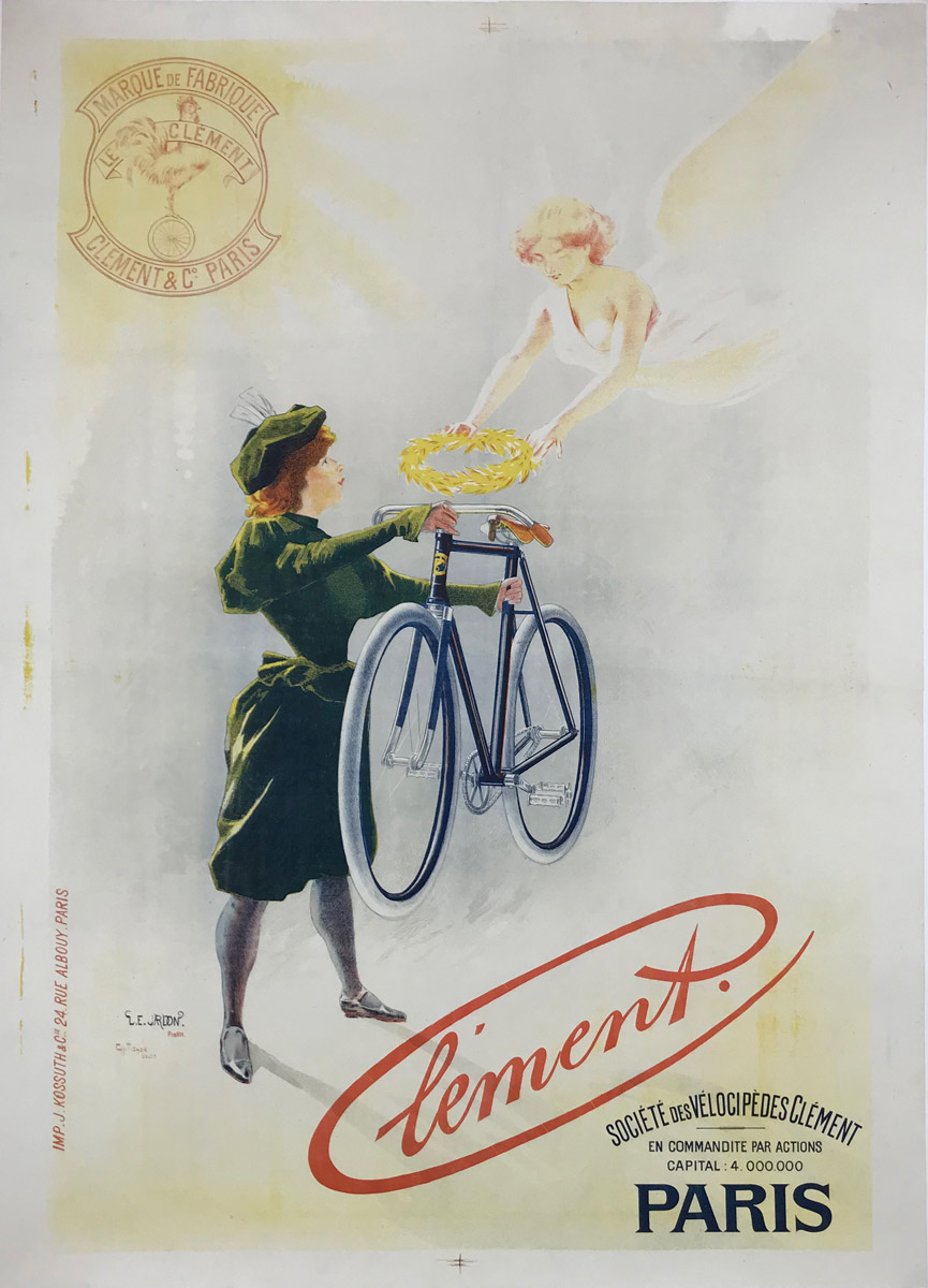 Cycles Clement bicycle original antique poster by Tichon from 1896 France. French poster features a women in green holding up a bike to an angel who is placing a wreath crown on the bicycle. Authentic Vintage Posters Originals