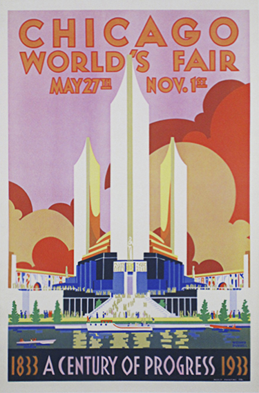 This vertical American poster features a graphic image of a building with three white towers in front of water. Authentic Vintage Poster Original