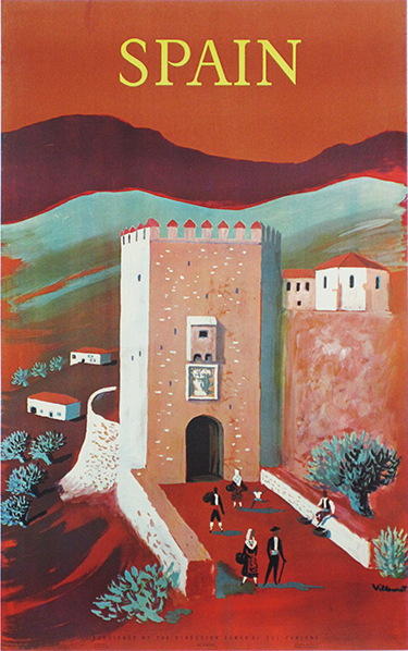 Spain original vintage travel poster by B. Villemot from 1958. Spanish poster features a sunset mountain landscape with a tower entrance with women, men and a child walking in front.
