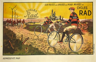 Cycles French poster features a team of cyclists on bikes on a dirt road with the sun rising on the horizon. Authentic vintage bicycles posters only originals.