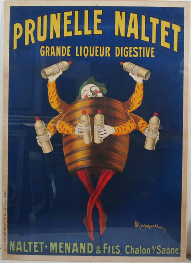 Prunelle Naltet Grande Liqueur Digestive original advertisement lithograph antique poster from 1905 France. Shows a man in a barrel with six arms, each hand holding a bottle of digestive prune wine.