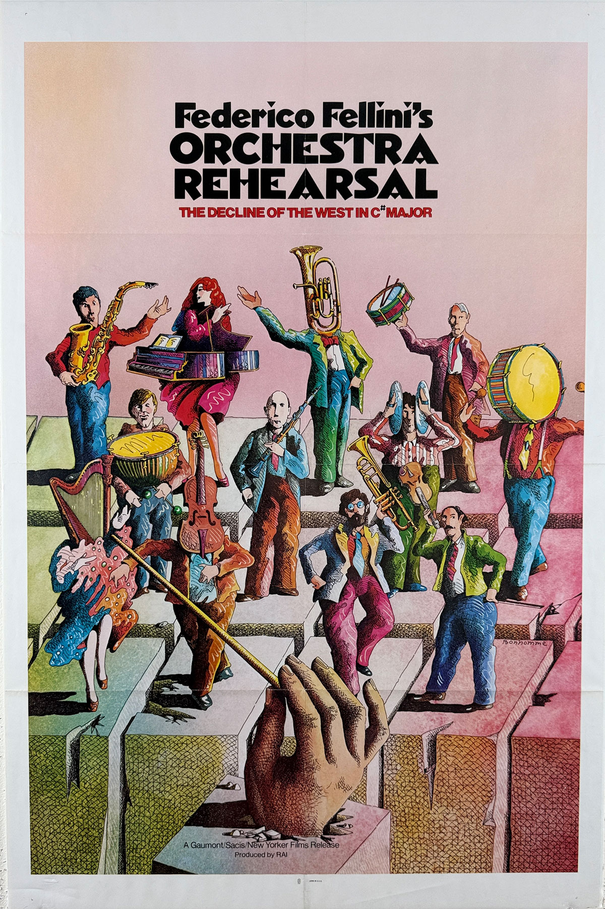 Orchestra Rehearsal Movie Poster By Bonhomme Original 1979 Vintage American Theaterical Use Lithograph Advertisement.