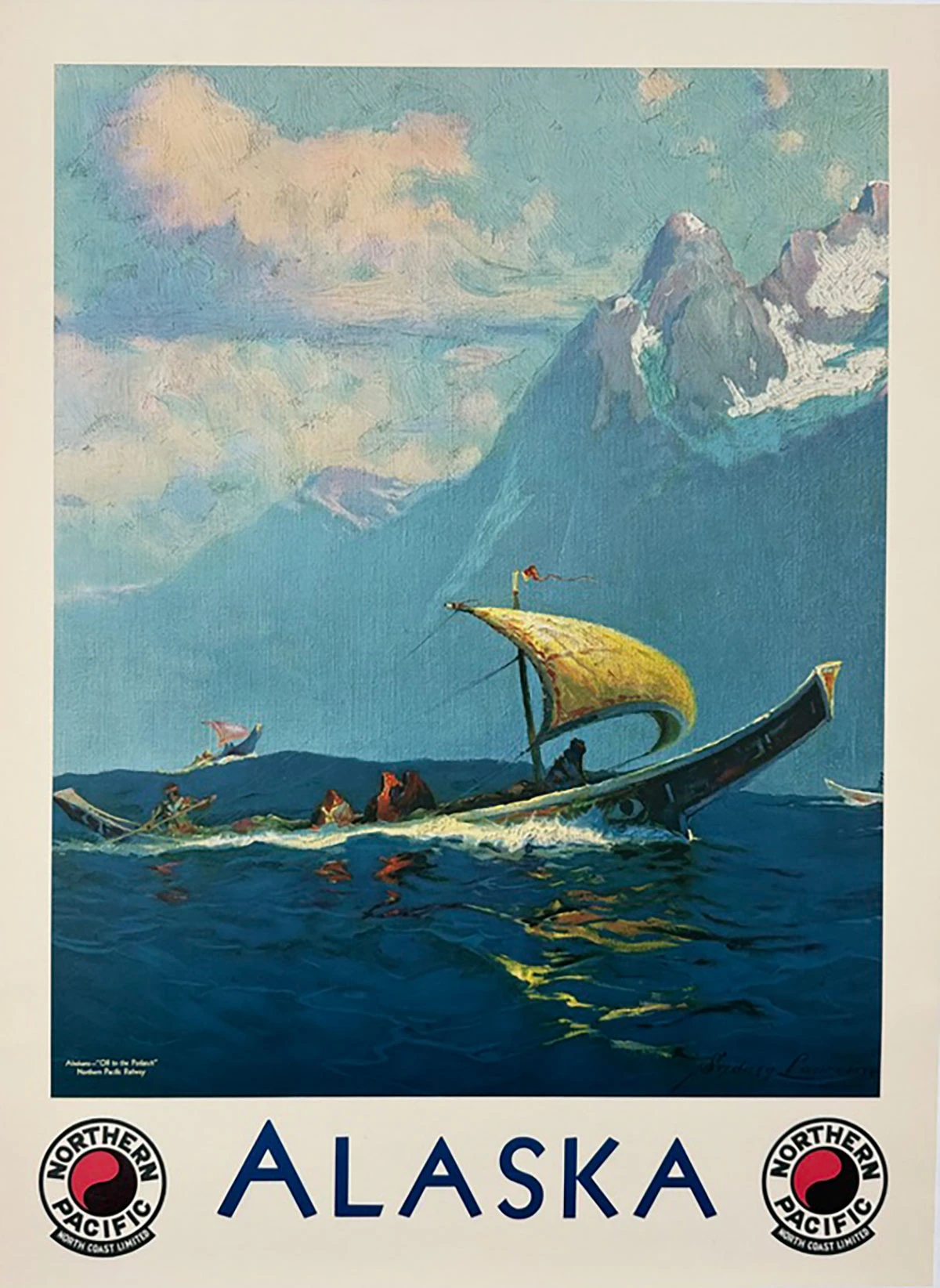 Alaska Northern Pacific Rail Poster By Sydney Laurence Original 1931 Vintage USA Passenger Railroad Lithograph Advertisement Linen Backed. This poster shows a boat on the ocean with mountains in the background.