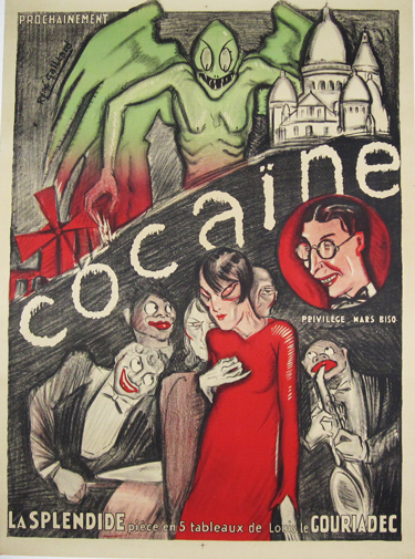 Cocaine original advertisement lithography vintage poster by Rene Gaillard from 1926 France. Shows a green monster on the hill of Montmartre and the Moulin Rouge as well as Edith Piaf, Harpo Marx and Al Jolson.