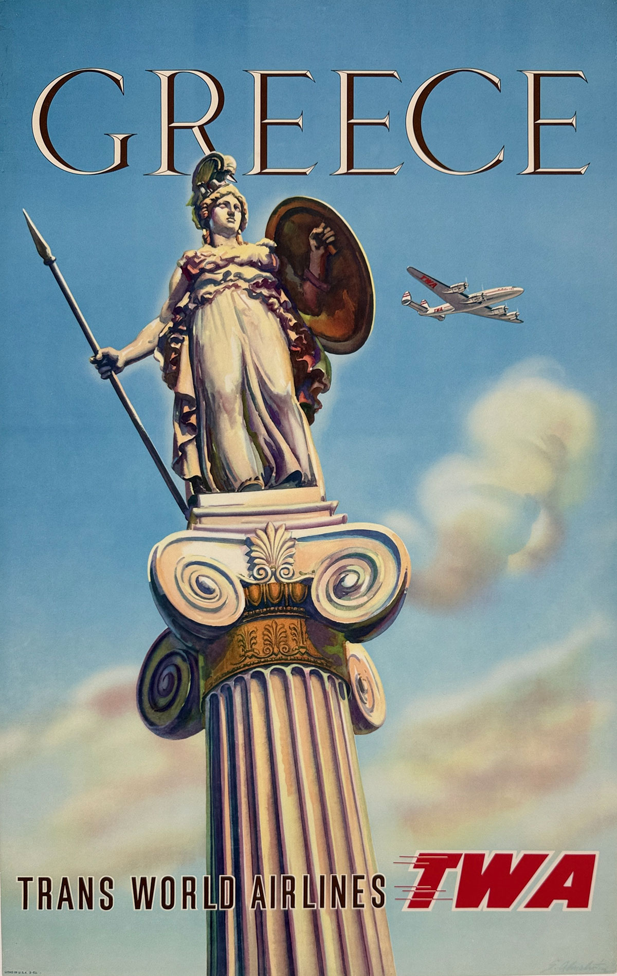 Fly TWA Greece Lockheed Constellation By S. Almaliction Original 1955 Vintage USA Lockheed Constellation Plane Lithograph Advertisement Linen Backed. Athena Goddess of War.