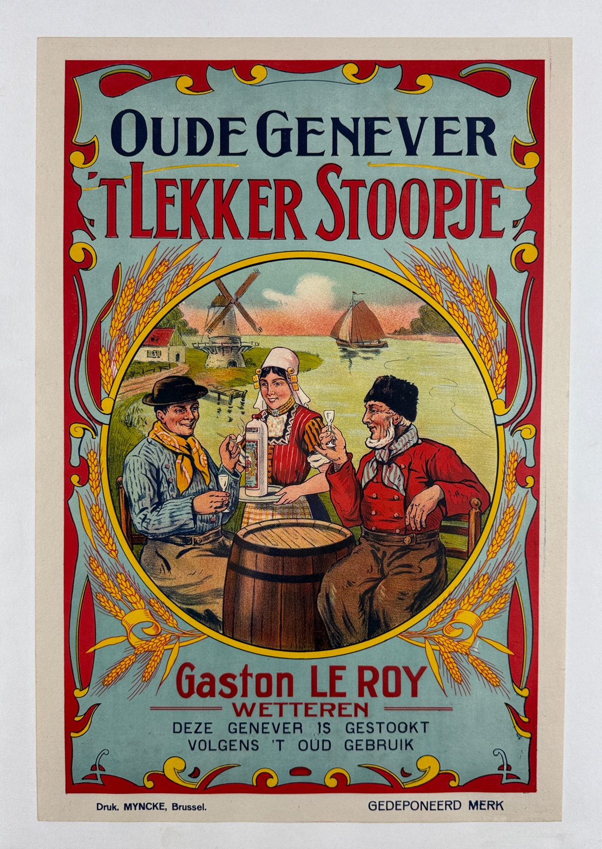 Oude Genever Tlekker Stoopje Poster Original 1905 Vintage Belgium Advertisement Linen Backed.  Dutch Gin Distillery