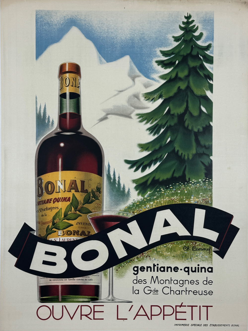 Bonal Gentiane Quina Ourve L'Appetit Poster by Ch Lemmel Original 1937 Vintage French Wine Company Stone Lithoraph Advertisement Linen Backed.