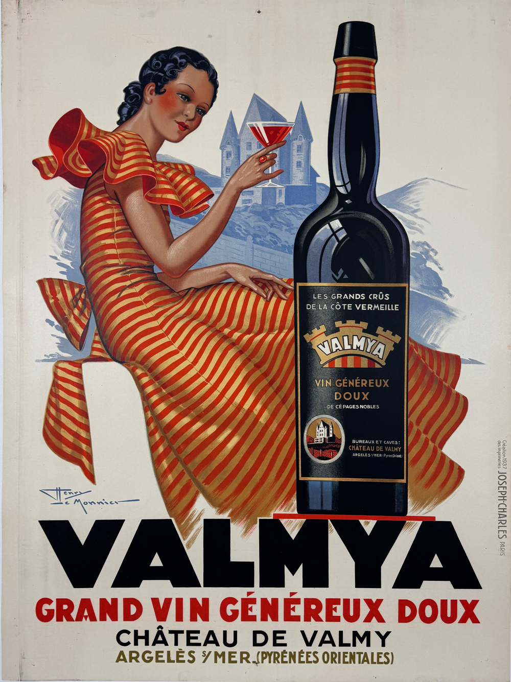 Valmya Grand Vin Poster By Henry Le Monnier Original 1937 Vintage French Wine Company Advertisement Stone Lithograph Linen Backed.
