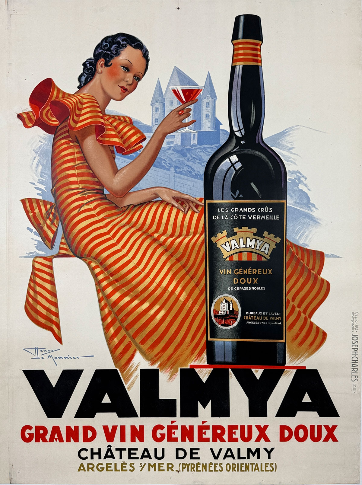 Valmya Grand Vin Poster By Henry Le Monnier Original 1937 Vintage French Wine Company Stone Lithograph Advertisement Linen Backed.