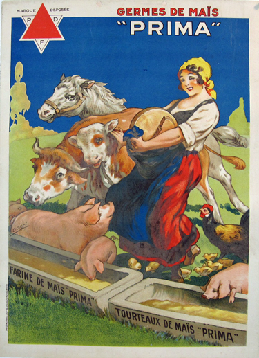Prima Germes de Mais by Dorfi Original 1927 Vintage French Animal Food Advertisement Stone Lithograph Poster Linen Backed.