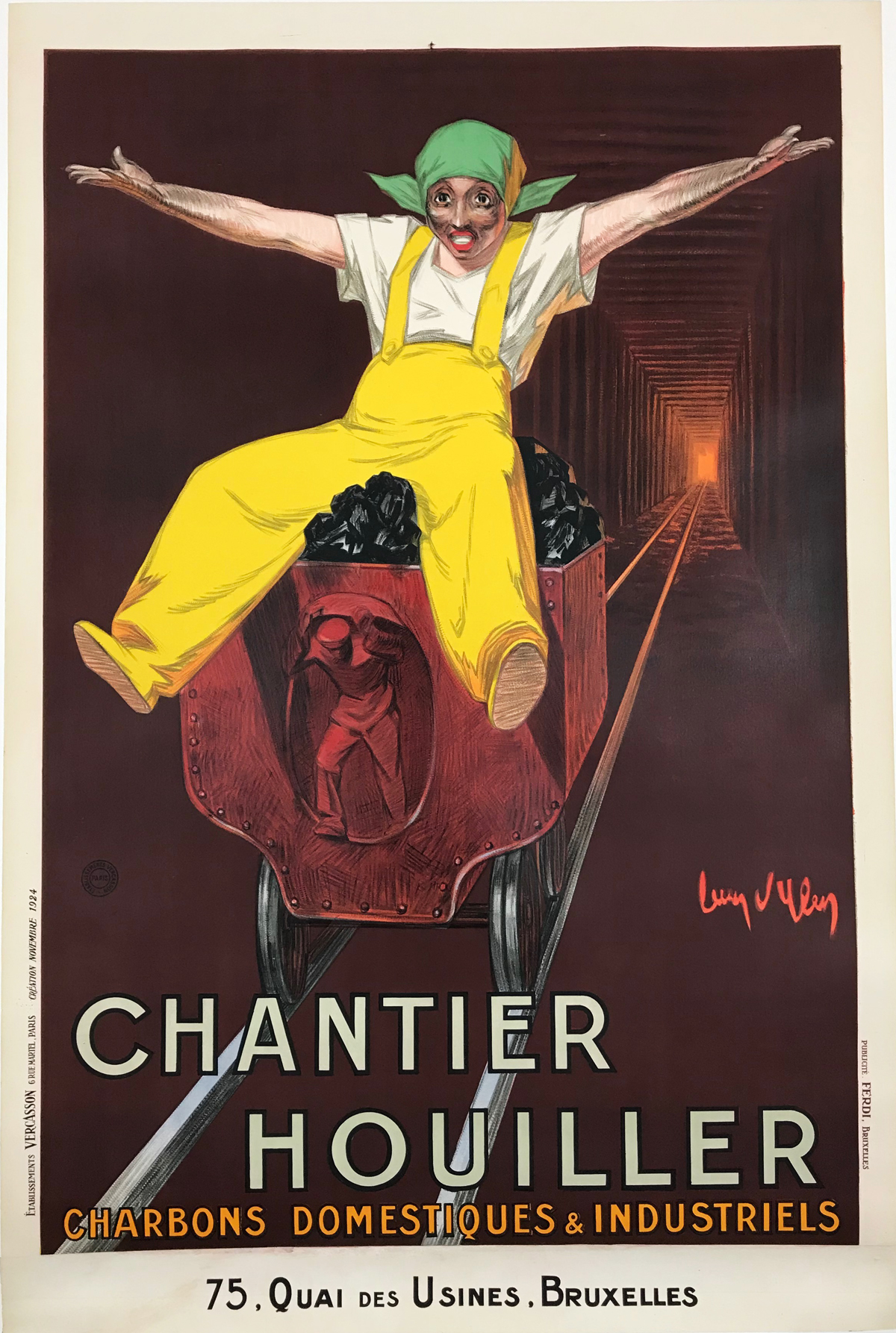 Chantier Houiller by Jean D'Ylen Original 1924 Vintage French Coal Supplier Advertisement Stone Lithograph Poster Linen Backed.