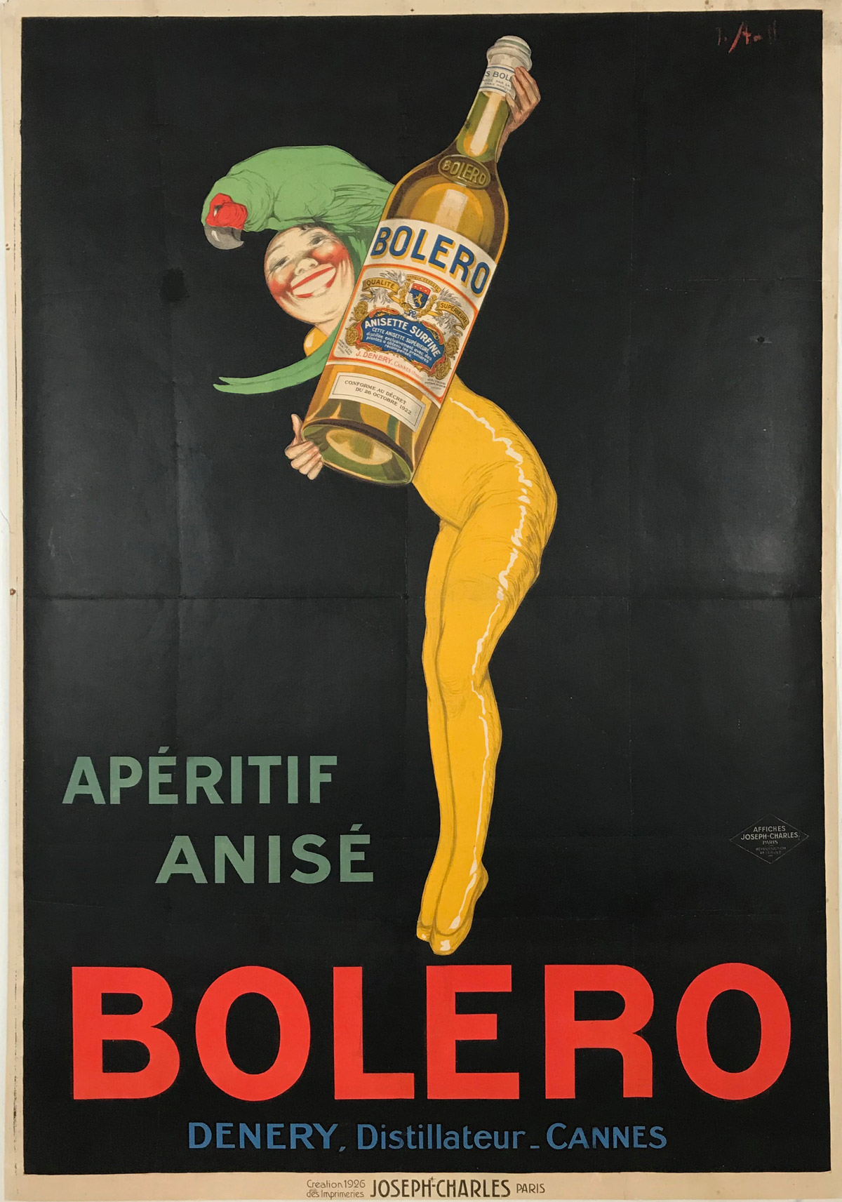 Bolero Aperitif Anise Original 1926 French Vintage Poster by Joseph Stall. Linen Backed