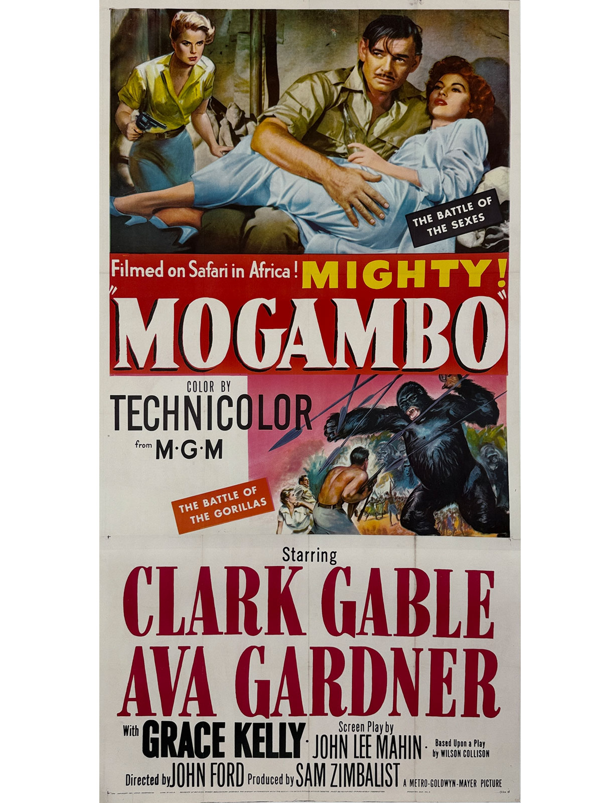 Mogambo Movie Poster (3-Sheet) Original 1953 Vintage USA Theater Use Lithograph Advertisement Linen Baked.