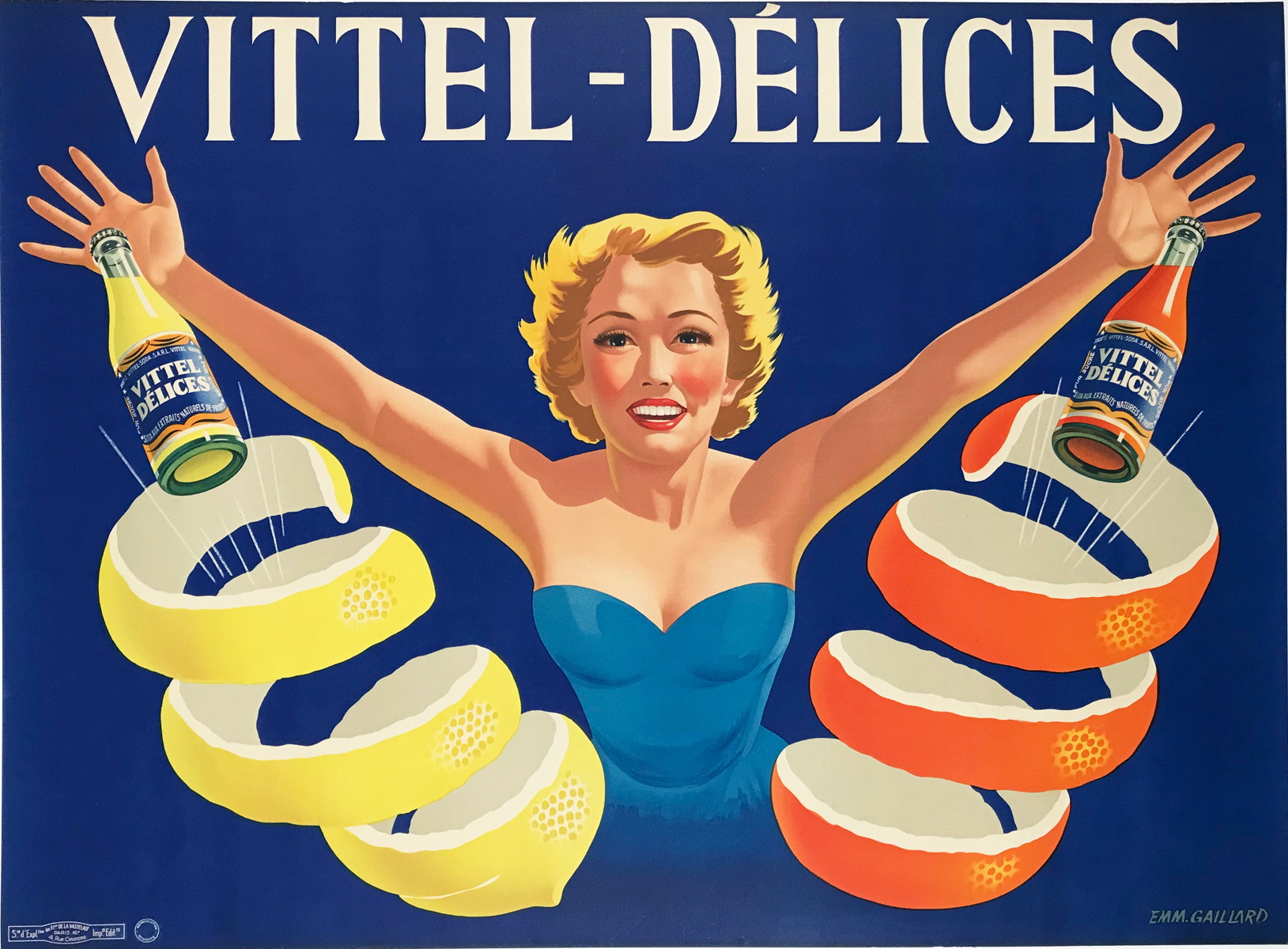 Vittel Delices by Emm Gaillard Original 1952 Vintage French Citrus Drink Advertisement Poster Linen Backed. French poster features woman spreading her arms in a air on a blue background surrounded by orange and lemon peel. 