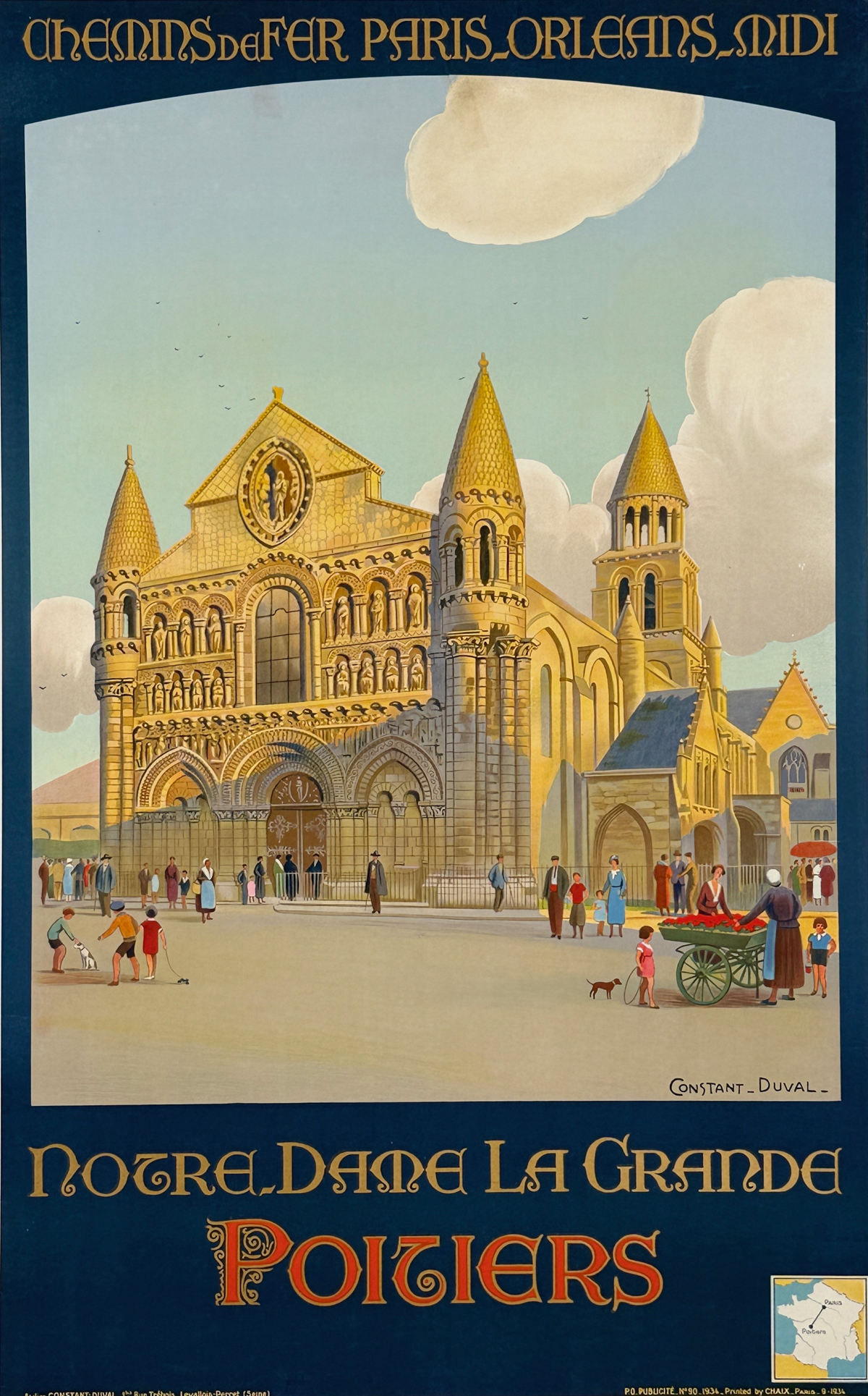 Poitiers Notre Dame La Grande Poster by Constant Duval Original 1934 Vintage French Stone Lithograph Passenger Railway Travel Advertisement Linen Backed.