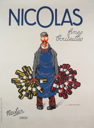 Nicolas Vins Fines Bouteilles Poster by Dransy Original 1930 Vintage French Wine Store Stone Lithograph Advertisement Linen Backed.