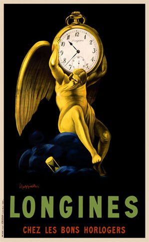 Longines original vintage poster by Cappiello from 1911 France. French poster advertising clock maker shows a yellow man (father time) with wings holding a pocket watch on his shoulders.