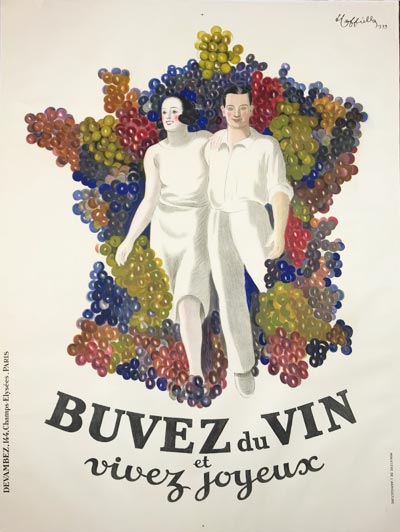 Buvez Du Vin by Leonetto Cappiello Original 1933 French Vintage Wine Poster Linen Backed. Couple on a white background walking through grapes.