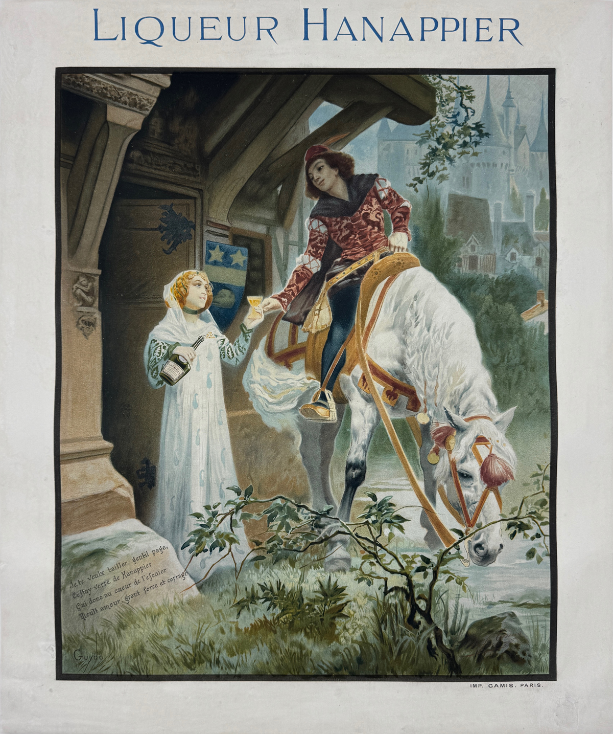 Liqueur Hanappier Digestive Poster by Guydo Original 1904 Antique French Cordial Company Stone Lithograph Advertisment on Linen Backing.